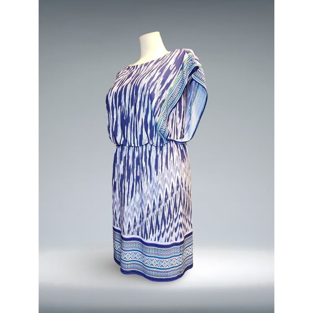 Chico's Geometric Sheath Dress Blue White Sz 2 (12) Dolman Boat Neck Retro 80s